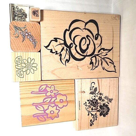 Vintage Lot of 7 Wooden Rubber Stamps  Floral Rose Stamping Scrapbooking - Picture 1 of 6